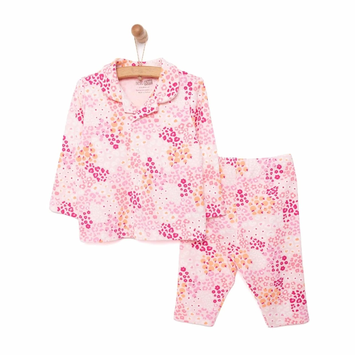HelloBaby Kız Bebek Pijama Takımı İnterlok Çiçek Desenli Gömlek Yaka Reçme Paça Uzun Kol Pembe