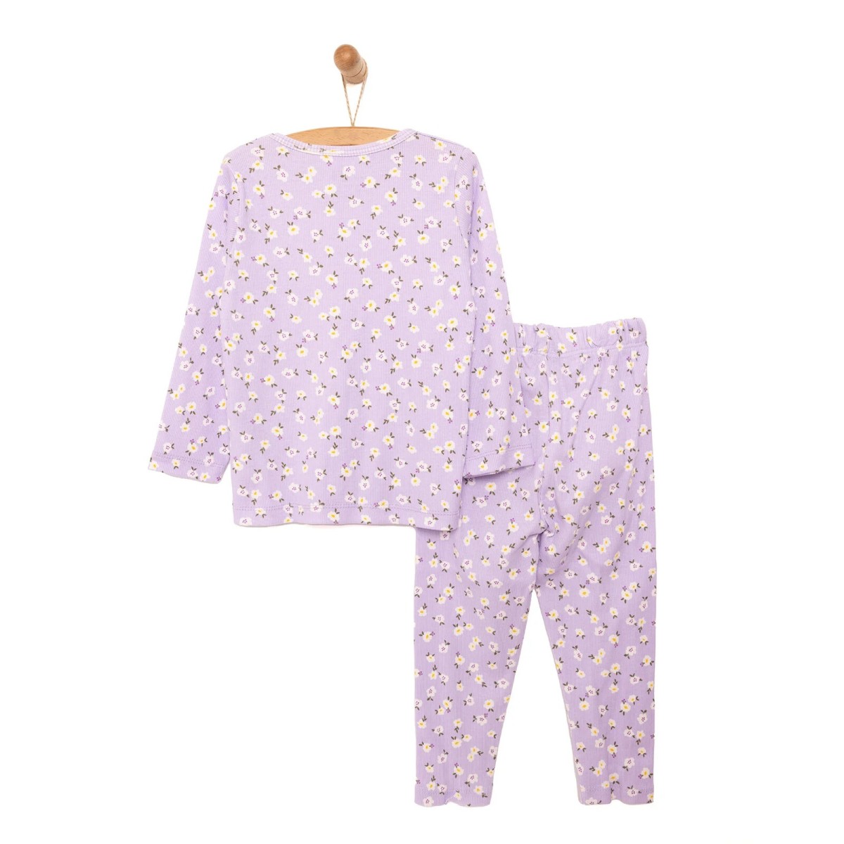 HelloBaby Kız Bebek Pijama Takımı Çiçek Desenli Bisiklet Yaka Reçme Paça Uzun Kol Mor