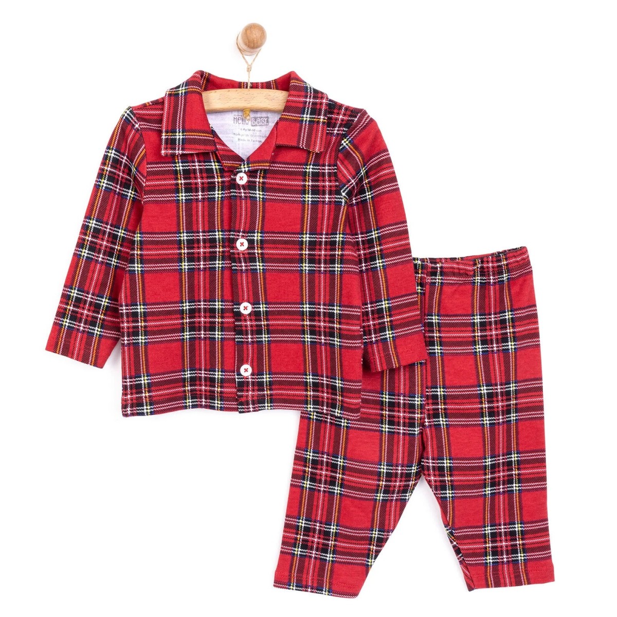 HelloBaby Erkek Bebek Pijama Takımı İnterlok Gömlek Yaka Reçme Paça Uzun Kol Kırmızı